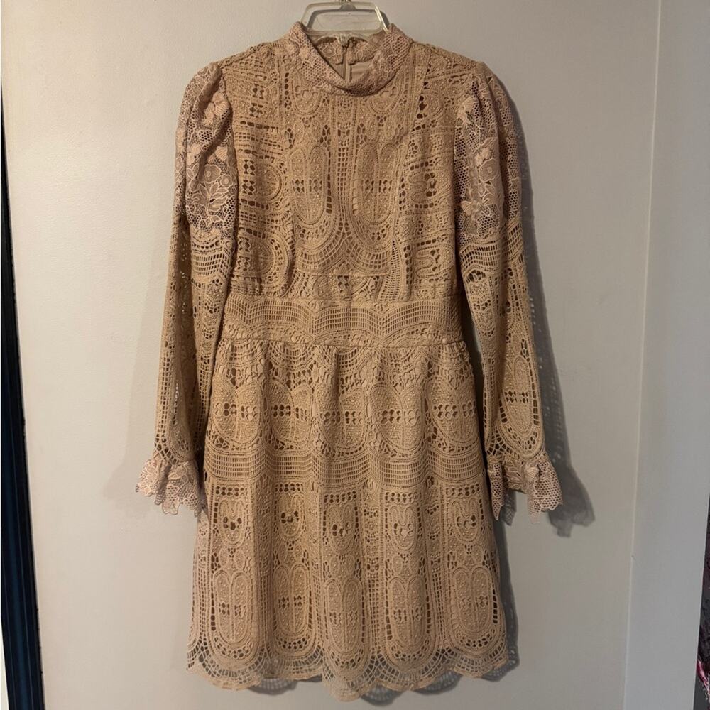 Anna Sui Rare Beige Lace Mock Neck lace overlay long sleeve mini dress size 4